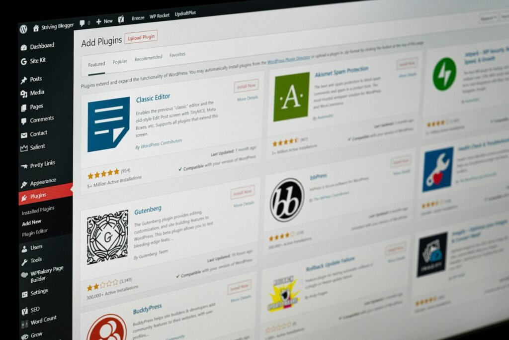 Picture of WordPress plugin directory showcasing add plugins on top and plugin list
