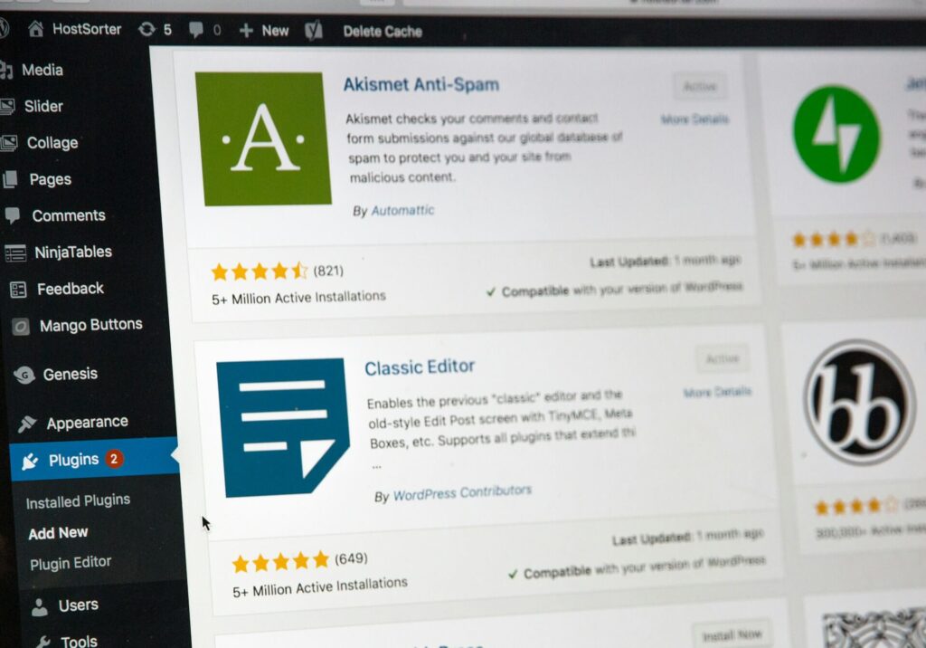 Showing plugins section on WordPress, with a few plugins such as Akismet and Classic Editor in the image